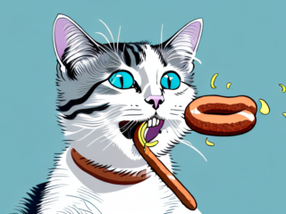 A cat eating a sausage