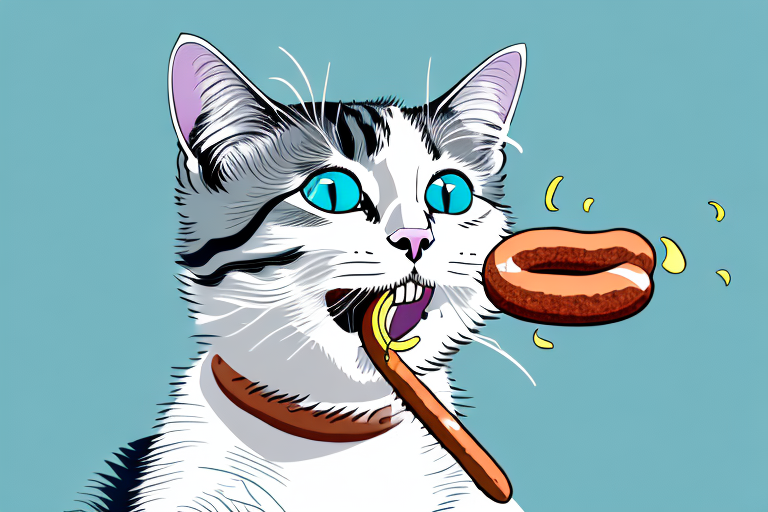 A cat eating a sausage