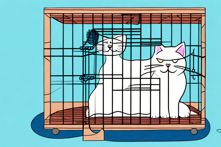 A cat in a secure crate with a cozy bed inside